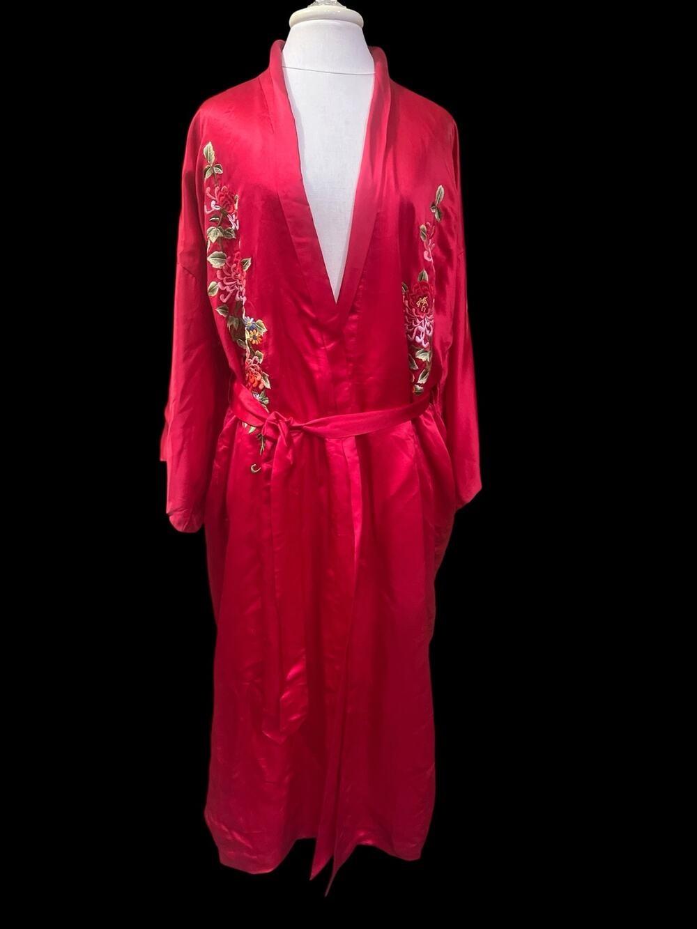 Vtg Peacock Robe Silk-Women-Red-Hand embroidered-Open Front/Sash-1/2 Sleeve-1087
